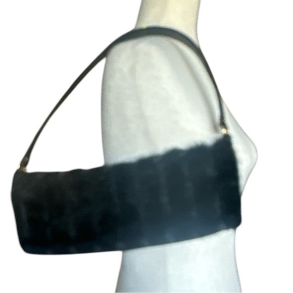 Kate Spade Black Faux Fur Shoulder Bag Embossed Strap Bright Print Lining Chic - Picture 2 of 15